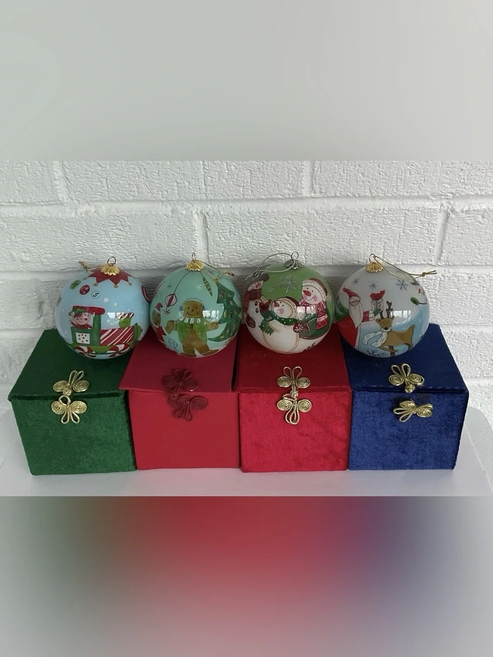 Vintage Pier 1 Li Bien Reverse Painted Glass Christmas Ornaments Set 4 Santa Elf